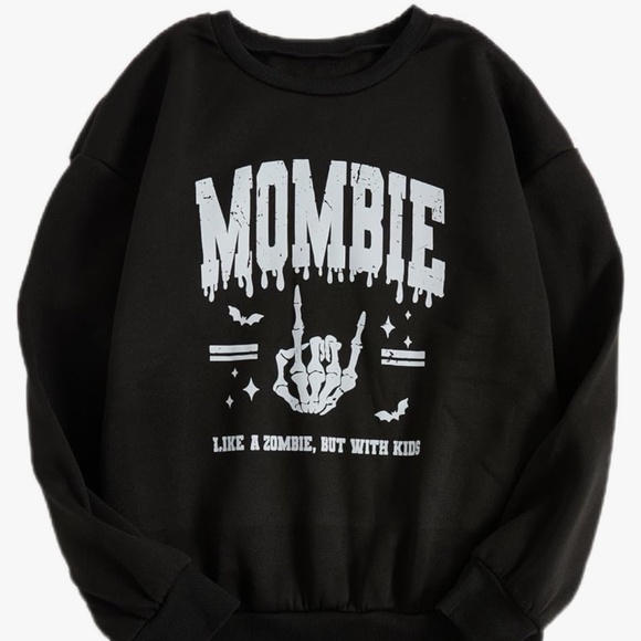 Chic Nation Sweaters - Black sweatshirt with 'Mombie' graphic. Features a fun design with bats and a ha